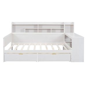 Letto a scomparsa matrimoniale in legno bianco anticato con scaffali contenitore, scrivania da studio e divano letto multifunzionale con due cassetti contenitore - Product Image 3