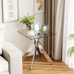 20\" X 20\" X 22.5\" <b>Silver</b> Tempered Glass <b>Coffee</b> <b>Table</b> with Intersecting Metal Base Glass Side End <b>Table</b> - Product Image 4