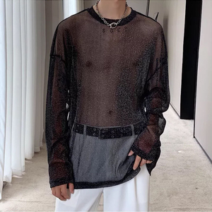 T-shirt ample en maille transparente à motif personnalisé pour homme, coupe carrée, manches longues, col ras du cou, style streetwear transparent pour les soirées et les fêtes - Product Image 2