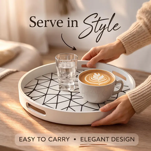 Modern Round Bone Inlay <b>Tray</b>, <b>Black</b> & White Geometric Pattern Serving <b>Tray</b>, Home Decor Decorative Coffee Table - Product Image 3