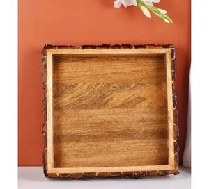 Plateau de service rectangulaire contemporain en bois avec poignées métalliques, plateau décoratif fait main pour la cuisine et la table à manger - Product Image 2