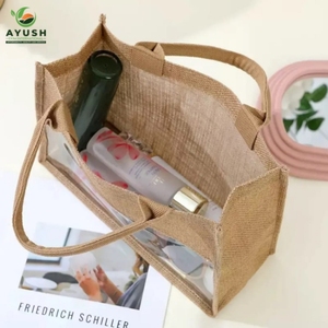 Sac promotionnel en jute personnalisé pas cher avec fenêtre en PVC, sac à main pour les employés de l'entreprise, vente en gros - Product Image 3