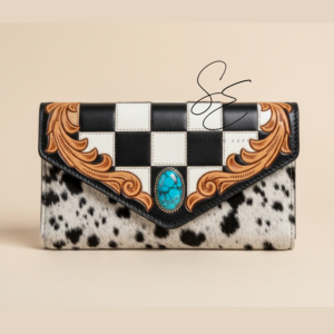 Cartera de cuero genuino con pelo de vaca estilo bohemio para mujer, diseño a cuadros vaquero con herramientas, tipo clutch con correa de muñeca y piedra turquesa - Product Image 2