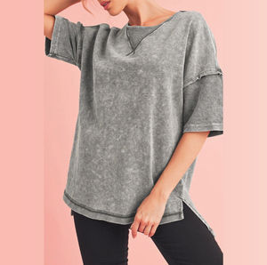 Camiseta de manga corta de poliéster y elastano de ajuste regular con tejido hasta la rodilla, estilo vintage, lavado ácido, color liso, transpirable, para mujer, ideal para verano. - Product Image 5