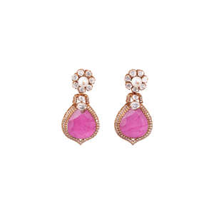 Juego de pendientes de plata de ley 925 con rubíes, diamantes Polki y esmeraldas en forma de pera, modelo Royal Gulabi Rani Haar Gajaah, para mujer. - Product Image 1
