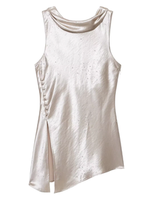 Elegante Vestido Mini Asimétrico de Satén sin Mangas con Cuello Drapeado y Detalle de Botones para Fiestas - Product Image 4