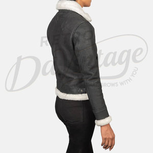 Veste en cuir véritable noir vieilli pour femme avec garniture en fausse fourrure blanche, coupe ajustée, en peau de mouton de qualité supérieure, style motard décontracté pour l'hiver - Product Image 2
