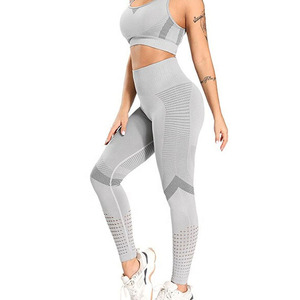 Women Yoga Set Solid Color Racerback <b>Crop</b> <b>Top</b> High Waist Full Length Leggings Seamless 2 Piece Set Breathable <b>Mesh</b> Design - Product Image 4