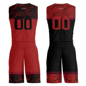 Camiseta de Baloncesto Sublimada Personalizada, Cuello en V, Sin Mangas, Estampado Geométrico Rojo y Negro, Uniforme de Malla Transpirable para Adultos Unisex - Product Image 2