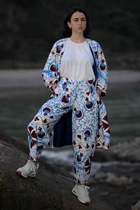 Casual And Relaxed Occasions Suzani Embroidered White Handwoven Women's Cotton Jacket & Pant Cord <b>Set</b> With Pocket & Flare Sleeve - Product Image 4
