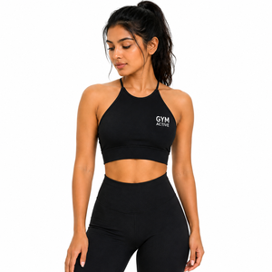 Ensemble 2 pièces pour femme : Soutien-gorge de sport à maintien élevé et crop top à carreaux noirs, et Legging taille haute. Tenue de sport personnalisée pour la gym, le yoga, l'entraînement et le fitness. - Product Image 1