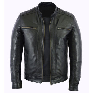 Veste de moto en cuir véritable pour homme, col montant, fermeture éclair, coupe ajustée, style motard, pour l'automne - Product Image 1