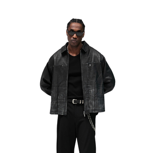Chemise surchemise noire en cuir véritable pour homme, texture à carreaux gaufrée, col ouvert, fermeture éclair sur le devant, deux poches poitrine, coupe oversize, style streetwear - Product Image 5