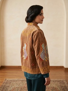 Women's <b>Velvet</b> <b>Jacket</b> Mandarin Collar Hand Embroidered Animal Pattern Full Sleeve Winter Open Closure - Product Image 3