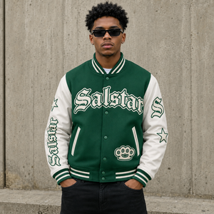 แจ็คเก็ตวาร์ซิตี้สีเขียวแบบกำหนดเองสำหรับผู้ชาย แจ็คเก็ตเบสบอลแบบ Letterman เสื้อแจ็คเก็ตบอมเบอร์สตรีทแวร์ ผู้ผลิตขายส่ง - Product Image 1