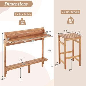 Conjunto de Mesa de Bar de Madera de Acacia para Patio con Reposapiés y Asiento Curvo de 3 Piezas - Product Image 5