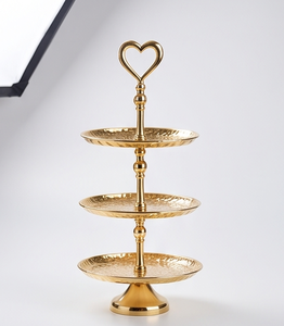 Multi Functional 3 Layer Gold Metal Cake Stand Hammered Serving Tray Heart Handle <b>Afternoon</b> <b>Tea</b> Pastry Display Stand - Product Image 1