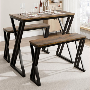Dining <b>Table</b> with 2 Benches, Dining <b>Table</b> Set for 3 <b>Brown</b> Unique X-Shaped Design Vintage Tabletop Saving Space Dining <b>Tables</b> - Product Image 3