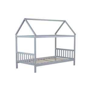 Letto a casetta grigio chiaro con testiera e pediera, per bambini, in legno di gomma, con design unico a forma di casetta - Product Image 1