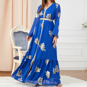 Elegante Vestido Largo de Gasa Azul con Bordado Floral Dorado, Cuello en V, Manga Farol, Corte en A, Vestido de Noche - Product Image 2