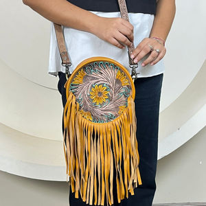Tournesol Style occidental usiné à la main en cuir véritable rond frange sacs à bandoulière pour femmes Design de luxe fermeture éclair rond cercle sacs - Product Image 4