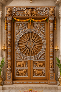 Puerta de Madera de Teca Hecha a Mano en India con Acabado en Nogal Oscuro Premium, Diseño Personalizado para Sala de Pooja, Precio de Fábrica, Dashavatara - Product Image 3