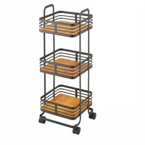 Chariot de rangement de cuisine à roulettes avec paniers, chariot de service avec poignée, panier en maille, chariot de garde-manger avec plateau en bois - Product Image 6