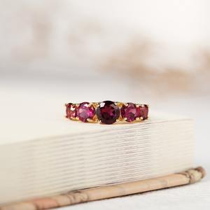 Red <b>Garnet</b> Gemstone <b>Ring</b> Round Cut 5 Stone Band With 18K Solid Gold For Women's Party Jewelry Her - Product Image 2