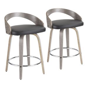 Set di 2 Sgabelli da Bancone Stile Mid-Century Moderno con Legno Grigio Chiaro e Seduta in Ecopelle Nera - Product Image 1