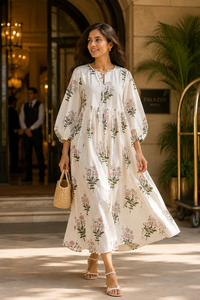 Robe longue bohème en coton à imprimé floral, col en V, écologique, respirante, à manches longues bouffantes pour femme, idéale pour les soirées estivales - Product Image 6