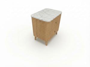 Table d'appoint moderne avec 2 tiroirs, en MDF acacia et placage chêne, éco-responsable, avec porte à battant, design dynamique pour salons et chambres - Product Image 2