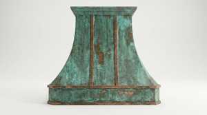 Hotte de cuisine murale décorative en cuivre patiné vert vintage, avec capot de ventilation personnalisé lisse et sangles en cuivre - Product Image 4