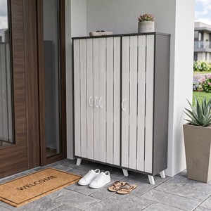 Meuble à chaussures moderne 25_0029, haut, 3 portes, 8 niveaux, avec portes à lattes verticales, organisateur d'entrée respirant, rangement autoportant - Product Image 1