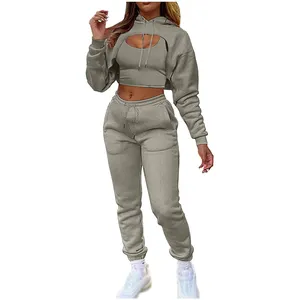 Women's Custom Fleece Streetwear Yoga Joggers Set <b>High</b>-Waisted <b>Tight</b> Fit Cropped Hoodie Low-Rise Drawstring Flared Pants Front - Product Image 5