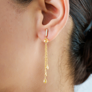Latest Women's Design Light Weight Yellow Sapphire & <b>Diamond</b> Triple Link Chain Drop <b>Earrings</b> Real K14 Solid Gold Bulk Jewelry - Product Image 2