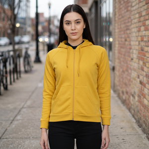 Sudadera con Capucha y Cremallera para Mujer, Amarilla, de Manga Larga, Color Sólido, Tejido de Algodón Transpirable, para Otoño - Product Image 1