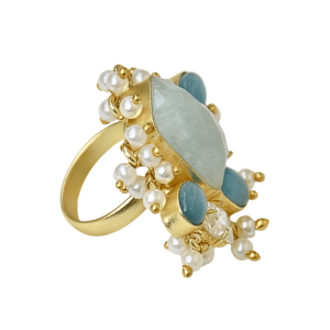 Laxmi Jewellers Amazonite Gemstone <b>Ring</b> 18K Gold Plated Resizable Women's Floral Style <b>Statement</b> <b>Ring</b> September Birthstone - Product Image 2