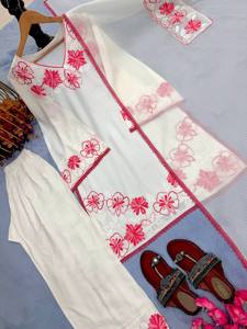ชุดส่าหรีปักลายดอกไม้สำหรับผู้หญิง ชุดอินเดีย-ปากีสถาน เสื้อคุर्ตาทรงตรง กางเกงปาลาซโซ ผ้าคลุมไหล่ สำหรับงานปาร์ตี้และงานแต่งงาน - Product Image 5