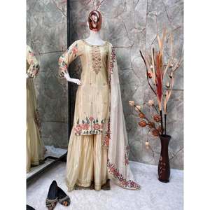 ATTRACTIVE CHINON SEQUENCE EMBROIDERY WORK TOP <b>SHARARA</b> with DUPATTA <b>WHITE</b> - Product Image 1