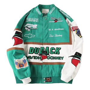 Blouson universitaire de course en coton personnalisé pour hommes et femmes, veste bomber streetwear en coton épais avec broderie graphique - Product Image 1