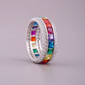Bague classique Eternity avec diamants naturels ronds sertis pavé, plaqué rhodium, argent 925, unisexe, pour mariage et fiançailles - Product Image 3