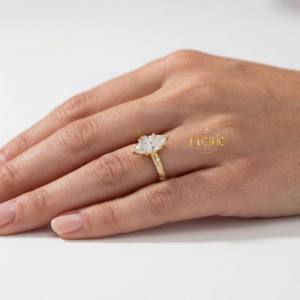 Anillo de compromiso clásico con diamante marquesa cultivado en laboratorio, banda pavé, engaste de 6 garras, oro macizo, regalo para fiesta de bodas - Product Image 5