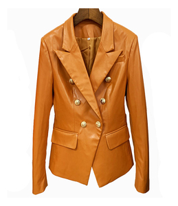 Women's orange Genuine Leather Moto Jacket Full Sleeve <b>Zipper</b> Closure Stand Collar Autumn Style - Product Image 2