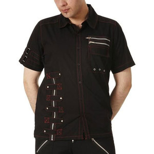 Custom <b>Men's</b> Gothic Short Sleeve Shirt Black Cotton Punk Rock Top with Asymmetric Zippers Straps and Red Stitching - Product Image 1