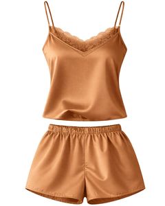 Ensemble de pyjama en satin marron avec dentelle pour femme, ensemble de pyjama sexy, vêtements de nuit doux en soie, tenue de détente en deux pièces pour l'été - Product Image 1