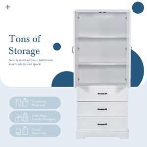 Mobiletto Alto da Bagno in MDF Bianco con Due Ante e Cassetti, Ripiano Regolabile - Product Image 5