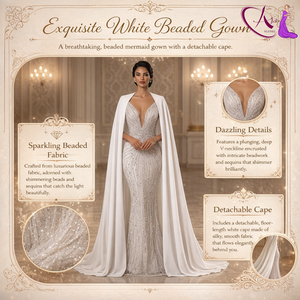 Vestido de Novia Sirena de Lujo con Adornos en Color Marfil |   Vestido de Novia con Cuello en V Profundo y Adornos de Cuentas, con Elegante Cola de Capa, Diseño de Alta Costura - Product Image 5