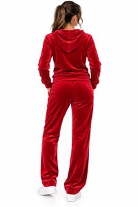 Women's Red <b>Velvet</b> Hooded <b>Tracksuit</b> Set Full Length Loose Fit Casual Winter 2 Piece Long Sleeve Velour Jogger Set - Product Image 2