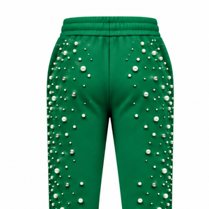Emerald Green Pearl Beaded <b>Jogger</b> Pants <b>Women</b> Fashion Embellished Drawstring Sweatpants Luxury Casual Streetwear <b>Fleece</b> Bottoms - Product Image 4
