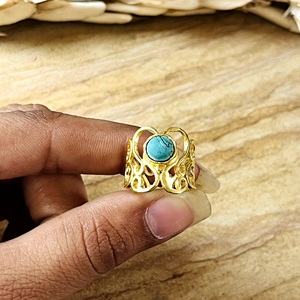 Hot Selling Boho <b>Turquoise</b> <b>Ring</b> Tribal Brass Band Women 18k Gold Plated Vintage Filigree Heart Statement for Wholesale/OEM/ODM - Product Image 3